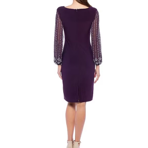 Marina Round Neck Beaded Lace Long Sleeve Side Drape Sheath Dress in Egg… - Picture 2 of 8